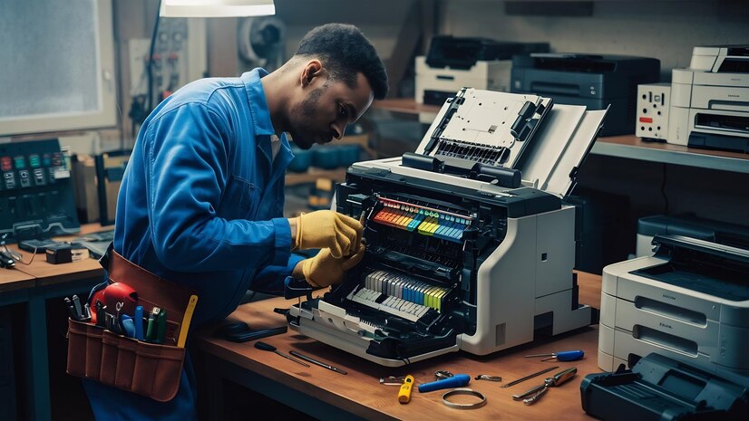 Technician fixing a printer